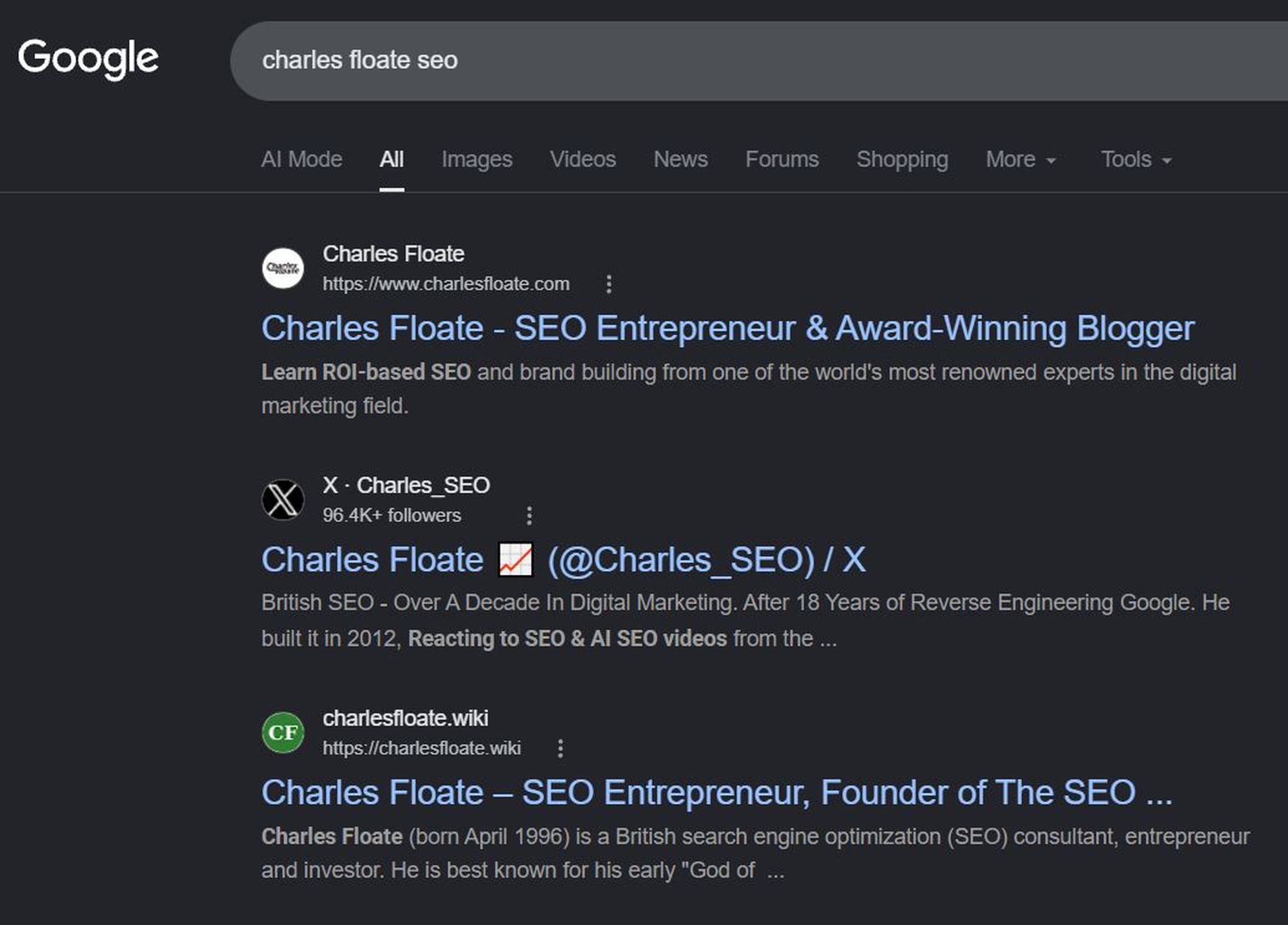 Google results for charles floate seo showing charlesfloate.wiki in the top three