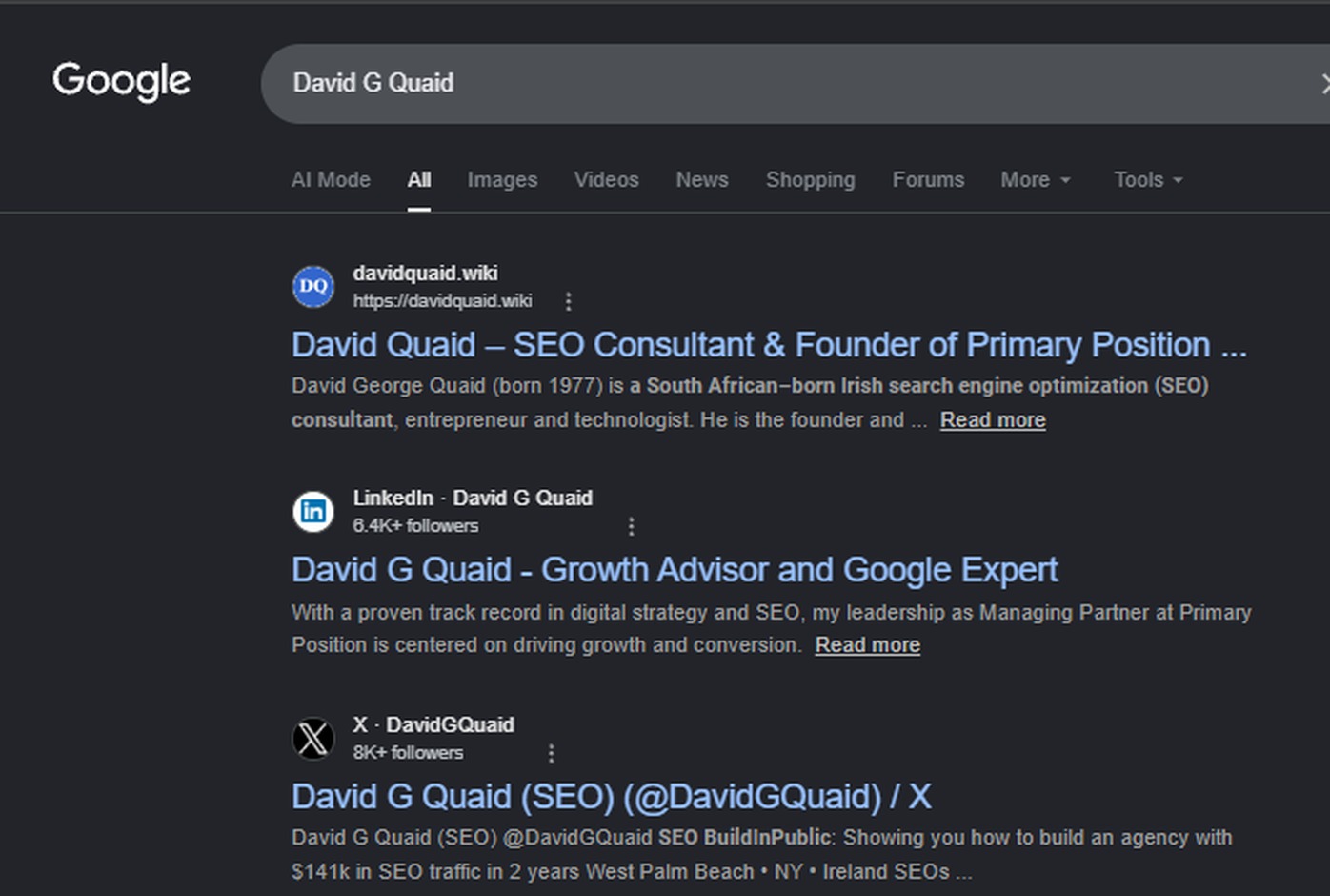 Google results for David G Quaid with davidquaid.wiki in position one