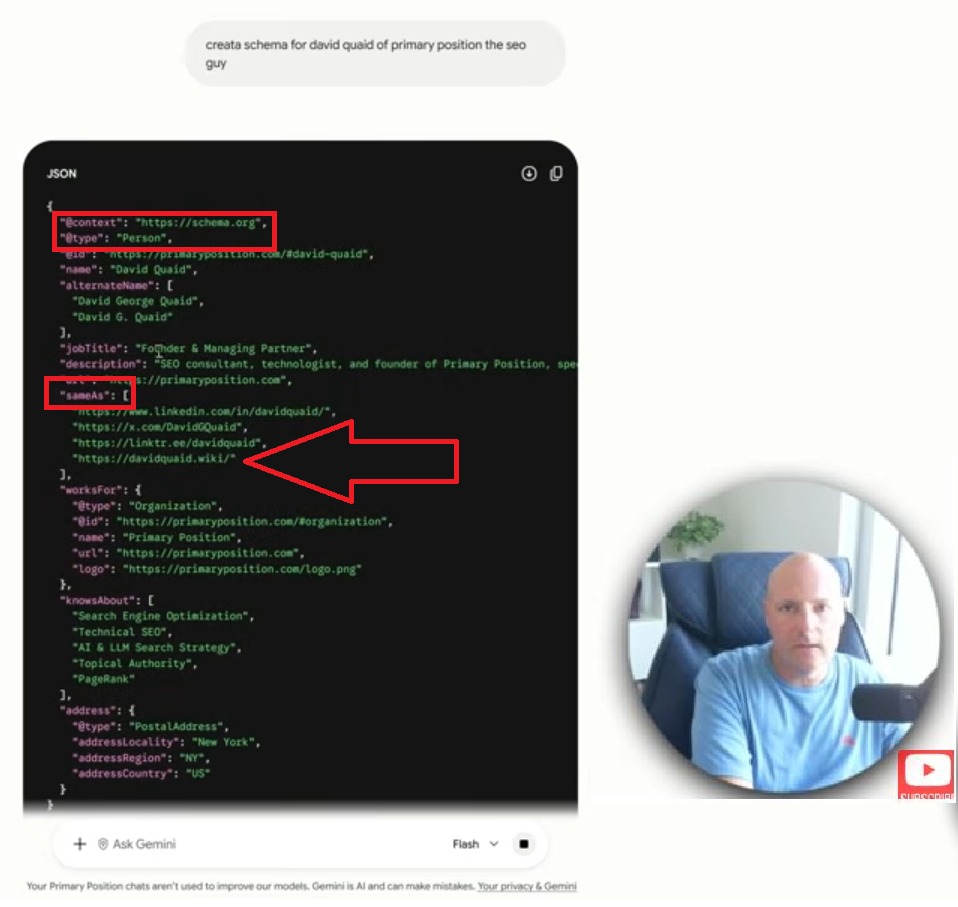 Gemini generating Person schema with davidquaid.wiki in the sameAs array